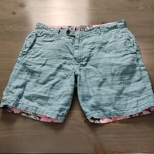 Tommy Bahama Reversible Shorts Mens 40 100% Linen Blue Green Striped Floral Palm